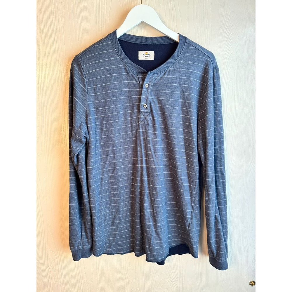 Marine Layer Men's M Blue Striped Long Sleeve Double Knit Henley Button-Up